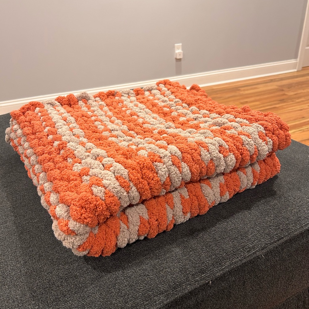 Handmade Cozy Orange and Taupe Knit Blanket